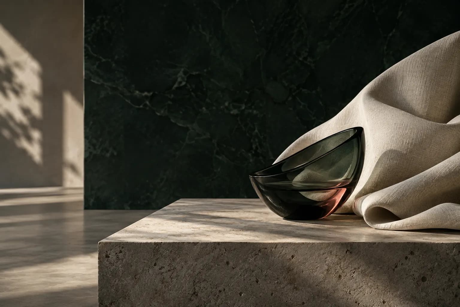 Sculptural textile, dark glass and stone in restrained natural light
